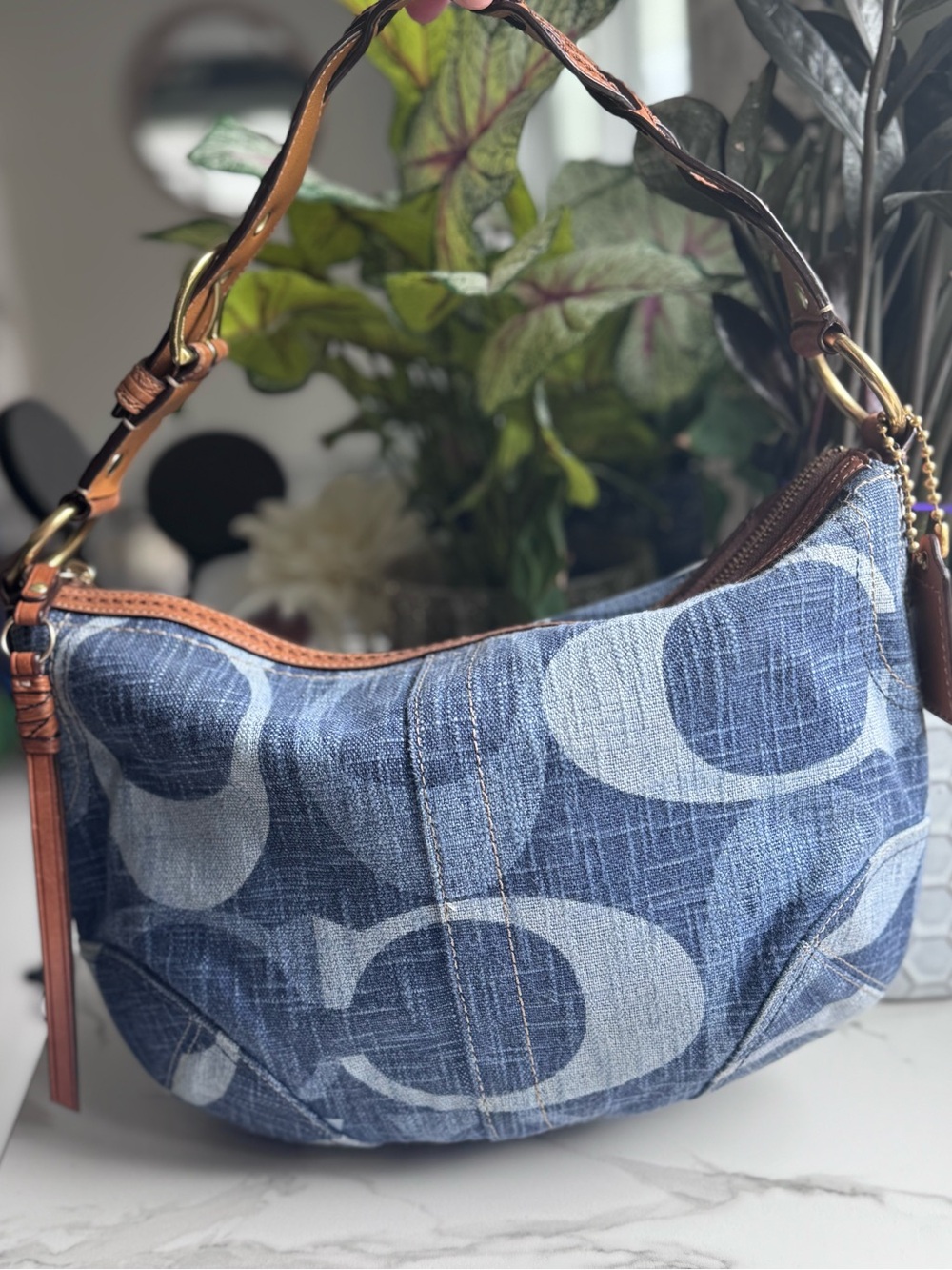 Coach Signature Tonal Denim Hobo Bag Braided Strap
